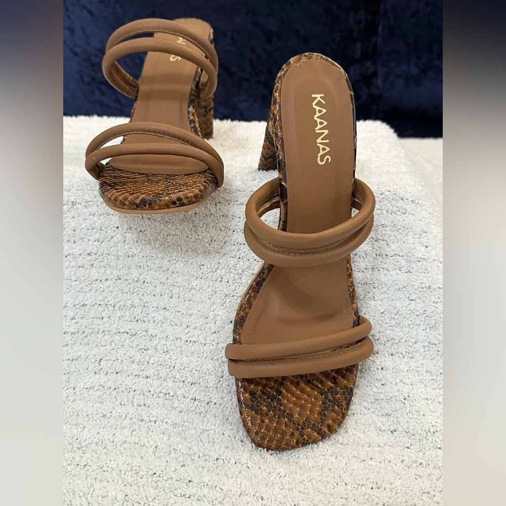 Kaanas Tan Snake Print Heeled Sandals